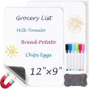 2 Pack Magnetic Dry Erase White Board for Fridge, Small Whiteboards with 6 Markers and 1 Eraser for Refrigerator, Mini Notepads for Kids and Students, 11 x 9 Inches