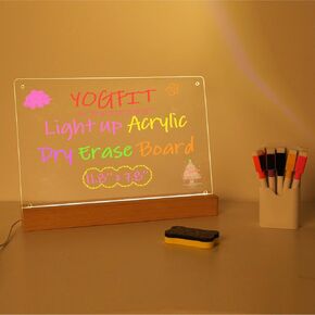 YOGFIT LED Acrylic Dry Erase Board (11.8'' x 7.8''), Clear Light up Acrylic Dry Erase Board with Magnetic Screw and Wooden Stand, Note Writing Light up Boards with 7 Colors Marker Pens