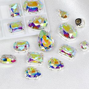 JINJIAO Crystal AB Sew On Rhinestones, 69Pcs Mix Shape Glass Sewing Gems with Silver Prongs 6 Style Flatback Gemstones for Clothes Garment Jewelry Making DIY Crafts