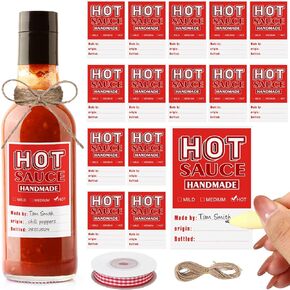 24 Pcs Christmas Hot Sauce Labels Spicy Sauce Stickers 3 x 2 Inch Homemade Hot Sauce Labels Bottle Labels with Ribbon and Rope for 4 oz or 8 oz Bottles for Christmas Gifts(Red,Fashion)