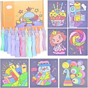 TOPTIME Sand Art Kits for Kids, 24 Bottles Colored Sand 41 Sheets Sand Art Painting Cards, Sand Art Kit Kids' Sand Art Kits Colored Sand Art Kit for Children Art Toy for Boys Girls DIY Arts and Crafts