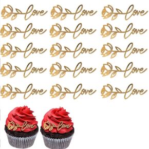 15 PCS Rose Love Cupcake Topper Valentine's Gold Rose Love Cake Decoration Acrylic Rose على شكل كب كيك أدوات أعلى