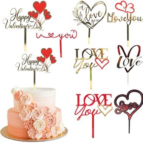 8 pcs Happy Valentine's Day Cake Topper Acrylic Gold Red Sweet Love Heart Cake Decoration for Wedding Bridal Shower Party Theme Cake Decor Supplies