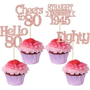 Ephlyn 24Pcs Happy 80th Birthday Cupcake Toppers Glitter Straight Outta 1945 Cupcake Picks Hello 80 Cheers to 80 Years Birthday Cake Decorations for 80th Birthday Anniversary Party Supplies Silver