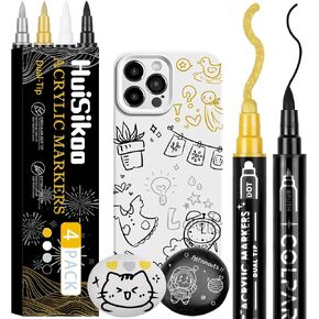 Paint Marker, 4 Pack Dual Tip Acrylic Paint Pens with Medium Tip and Brush Tip, Ideal for Wood, Rock Painting, Canvas, Stone, Glass, Ceramic and DIY Crafts (4 color)