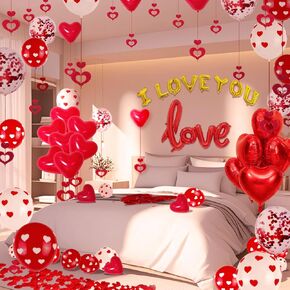 110PCS Valentine's Day Balloons with 1000 Pcs Silk Rose Petals I Love You Balloons 50Pcs Heart Hanging and Heart Print Balloons Set for Valentine's Day, Wedding Party Decorations Supplies