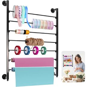 7 Tier Ribbon Storage Organizer, Wall Mounted Ribbon Organizer, Wrapping Paper Rack, Metal Ribbon Storage Craft Room Cake Shop Flower Store Scarf Belt-Black