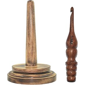 NAAZ Wood Arts® Wood Yarn Holder + Crochet Hook with Wooden Yarn Holder, Wooden Rolling Holder Twirling Mechanism (7" H x 4" W)