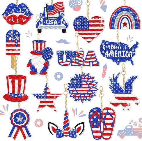 Estune 15 Pcs 4th of July Decoration Patriotic Diamond Painting Keychains Memorial Day Diamond Art Red Blue White Key Ring Labor Day DIY Ornament for Independence Day Party Supplies (Patriotic Style) in Kuwait