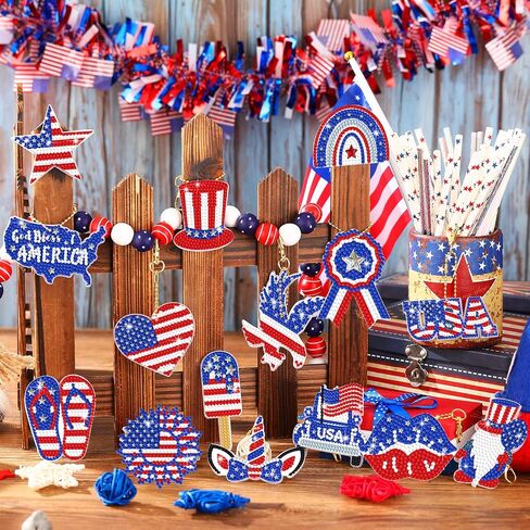 Estune 15 Pcs 4th of July Decoration Patriotic Diamond Painting Keychains Memorial Day Diamond Art Red Blue White Key Ring Labor Day DIY Ornament for Independence Day Party Supplies (Patriotic Style) in Kuwait