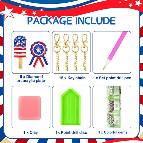 Estune 15 Pcs 4th of July Decoration Patriotic Diamond Painting Keychains Memorial Day Diamond Art Red Blue White Key Ring Labor Day DIY Ornament for Independence Day Party Supplies (Patriotic Style) in Kuwait