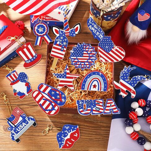 Estune 15 Pcs 4th of July Decoration Patriotic Diamond Painting Keychains Memorial Day Diamond Art Red Blue White Key Ring Labor Day DIY Ornament for Independence Day Party Supplies (Patriotic Style) in Kuwait