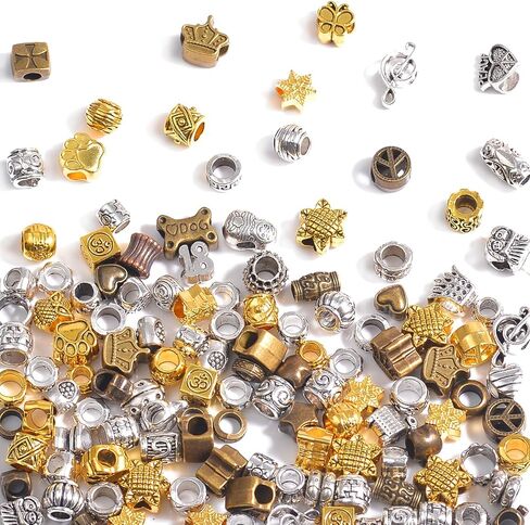 120pcs حبات الفواصل المعدنية الكبيرة الثقب لصنع المجوهرات ، والفضة والذهبية لنتائج سوار ، وفتحة كبيرة وأسلوب مختلط (لون مختلط) in Kuwait