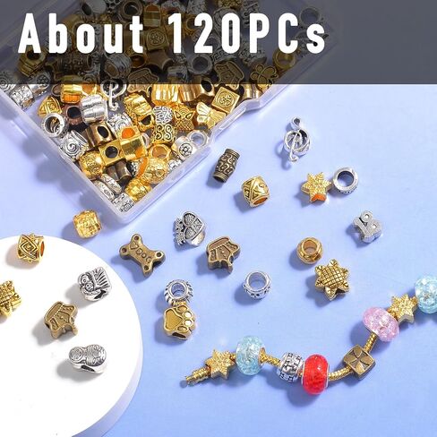 120pcs حبات الفواصل المعدنية الكبيرة الثقب لصنع المجوهرات ، والفضة والذهبية لنتائج سوار ، وفتحة كبيرة وأسلوب مختلط (لون مختلط) in Kuwait