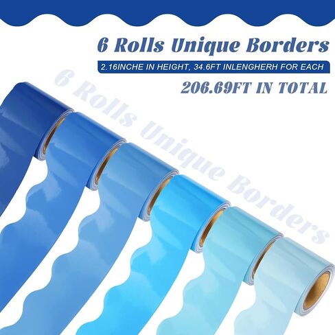 6 رولز 206.69 قدم شتاء حدود ملونة للوحة الإعلانات ، زخارف لوحة Boho Bulletin Blue Boho لعيد الميلاد Witner Classroom Decord Supplies (Blue) in Kuwait
