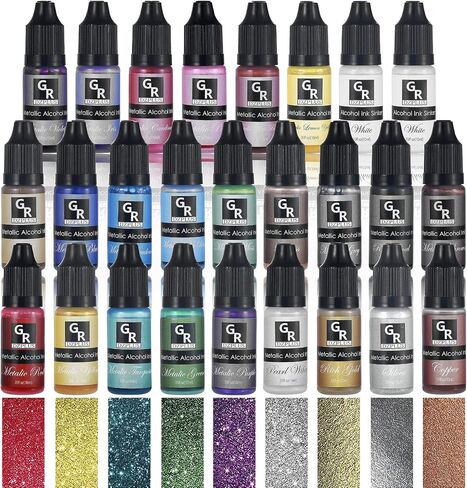 Metallic Alcohol Ink Set -26 Metallic Colors Alcohol Based Ink for Resin Art, Fluid Art,Resin Craft,Resin Petri Dish，Alcohol Ink Paint for Yupo,Tumbler (Metallic 26 Color Set) in Kuwait