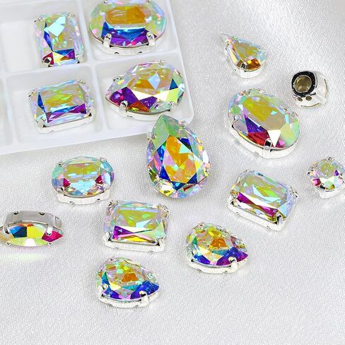 JINJIAO Crystal AB Sew On Rhinestones, 69Pcs Mix Shape Glass Sewing Gems with Silver Prongs 6 Style Flatback Gemstones for Clothes Garment Jewelry Making DIY Crafts in Kuwait