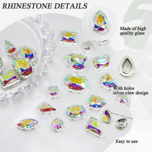 JINJIAO Crystal AB Sew On Rhinestones, 69Pcs Mix Shape Glass Sewing Gems with Silver Prongs 6 Style Flatback Gemstones for Clothes Garment Jewelry Making DIY Crafts in Kuwait
