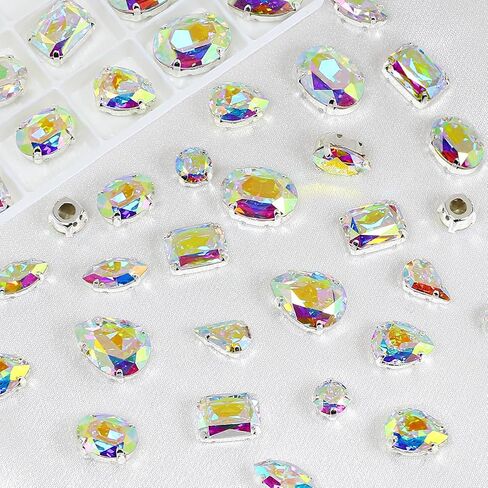 JINJIAO Crystal AB Sew On Rhinestones, 69Pcs Mix Shape Glass Sewing Gems with Silver Prongs 6 Style Flatback Gemstones for Clothes Garment Jewelry Making DIY Crafts in Kuwait