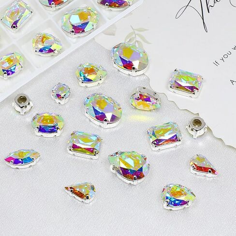 JINJIAO Crystal AB Sew On Rhinestones, 69Pcs Mix Shape Glass Sewing Gems with Silver Prongs 6 Style Flatback Gemstones for Clothes Garment Jewelry Making DIY Crafts in Kuwait