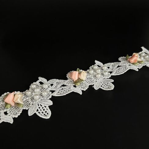 1 Yard Vintage Elegant White Pearl Beads Flowers Embroidered Lace Edge Trim Fabric Floral Appliques Lace Ribbon Bridal Handmade Sewing Craft for Wedding Bridal Dress Clothes Hat Decoration (White) in Saudi Arabia