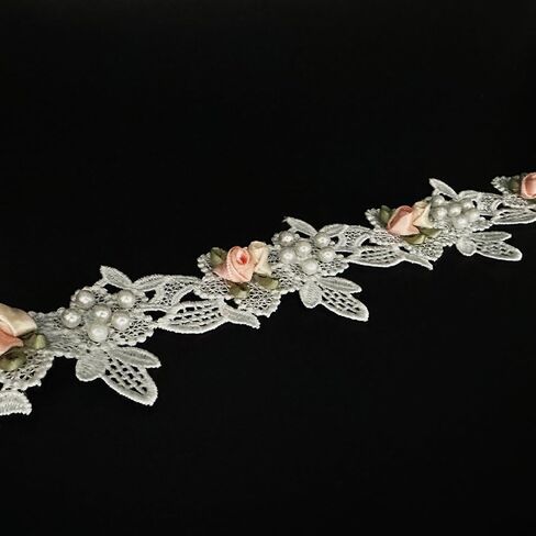 1 Yard Vintage Elegant White Pearl Beads Flowers Embroidered Lace Edge Trim Fabric Floral Appliques Lace Ribbon Bridal Handmade Sewing Craft for Wedding Bridal Dress Clothes Hat Decoration (White) in Saudi Arabia
