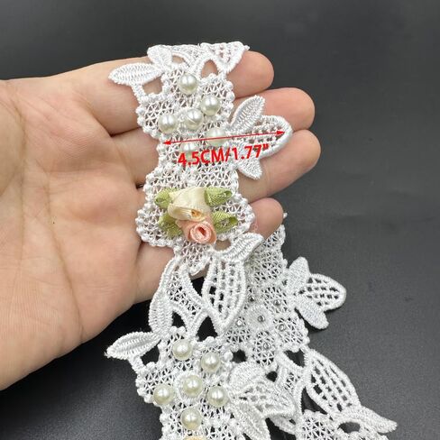 1 Yard Vintage Elegant White Pearl Beads Flowers Embroidered Lace Edge Trim Fabric Floral Appliques Lace Ribbon Bridal Handmade Sewing Craft for Wedding Bridal Dress Clothes Hat Decoration (White) in Saudi Arabia