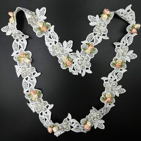 1 Yard Vintage Elegant White Pearl Beads Flowers Embroidered Lace Edge Trim Fabric Floral Appliques Lace Ribbon Bridal Handmade Sewing Craft for Wedding Bridal Dress Clothes Hat Decoration (White) in Saudi Arabia