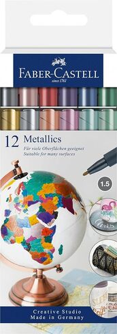 Faber-Castell Metallic Markers - 12 Assorted Colors, Permanent Metallic Pens for All Surfaces, Felt Tip Pens in Kuwait