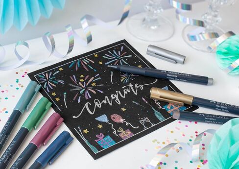 Faber-Castell Metallic Markers - 12 Assorted Colors, Permanent Metallic Pens for All Surfaces, Felt Tip Pens in Kuwait