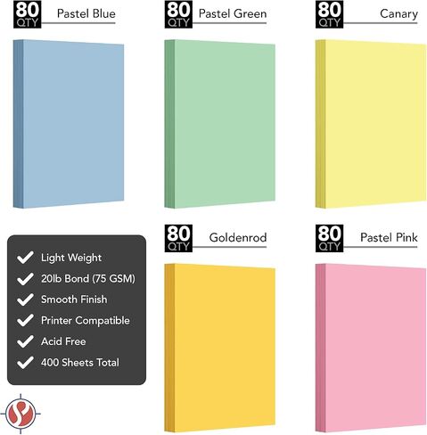 Pastel Color Paper, 8.5 x 11" Multi-Color Bulk Paper for Spring & Easter Greetings, Art & Crafts, Invitations | Regular 20lb Bond | 80 Blue, 80 Pink, 80 Green, 80 Canary, 80 Goldenrod (400 Total)… in Kuwait