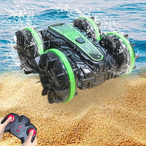 Amphibious Remote Control Car, 2.4 GHz 4WD Amphibious RC Vehicle Boat 360° Rotating Waterproof RC Stunt Car All Terrain Beach Pool Water Toy, Best Gift for Kids and Teens (Green) in Saudi Arabia