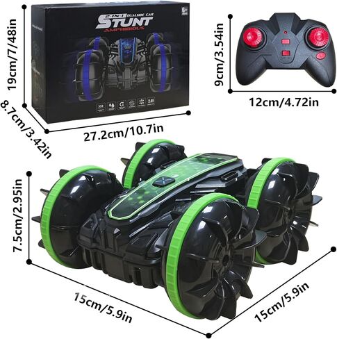 Amphibious Remote Control Car, 2.4 GHz 4WD Amphibious RC Vehicle Boat 360° Rotating Waterproof RC Stunt Car All Terrain Beach Pool Water Toy, Best Gift for Kids and Teens (Green) in Saudi Arabia