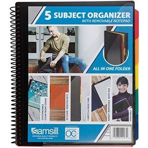 Samsill 5 Subject Spiral School Organizer with Clipboard and Removable Notepad, All-in-One Folder, 5 Dividers with 10 Pockets, Multi-Pocket Folder and Document Holder, Black
