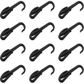 12PCS Plastic Elastic Rope Hook Black Color Bungee Cord Hooks for Bungee Net, Cargo Net, Truck Net, Garage and General Outdoor Equipment
