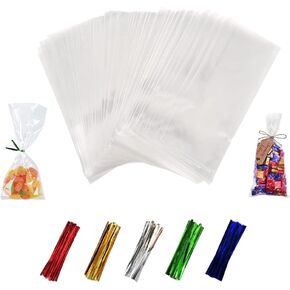 xlsfpy cellophane cellophane أكياس 4 × 9 بوصة ، 100pcs حفلة Goodie لصالح حلوى الأرز كيس مقرمش كيس بوب مع علاقات لملفات تعريف الارتباط عيد ميلاد عيد الميلاد حفل زفاف جديد