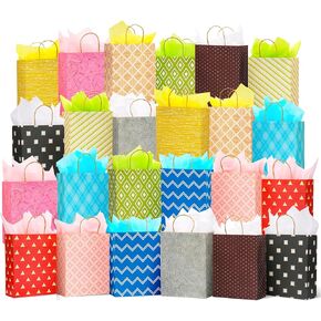 12 Pack 13" Large Kraft Paper Gift Bags Assortment with Tissue Paper & Handles, 12 Unique Solid & Geometric Pattern Designs for Birthdays, Anniversary, Father's Day, Holidays and Other Occasions