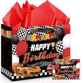 Hot Car Birthday Gift Bag for Boys, Large Race Car Party Favor Bags with Tissue Paper Card Baby Shower Decorations Gift Bag Racing Birthday Goodie Candy Treat Bag for Wheel Party Decorations Supplies