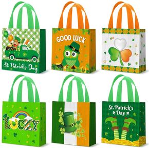 Wesnoy 48 Pieces St. Patrick's Day Gift Bags Bulk Reusable Irish Tote Bags with Handles Shamrocks Leprechauns Non Woven Clover Goodie Bags for Saint Patty's Day Party Favors, 7.8 x 7.8 x 3.5 Inch