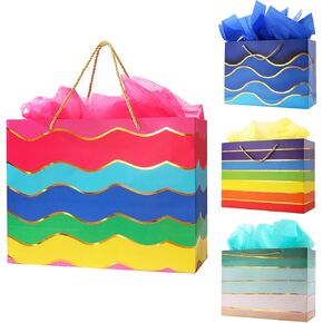Cmecial 16" Extra Large Gift Bags with Tissue Papers, Multicolor Striped, 4 Pack, Rainbow Theme, Multiple Occasions