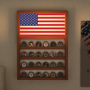 Challenge Coin Display, Light up Coin Holder American Flag with Warm White Color Light, 4 Row Holder Wooden Rack Gift for Military Army for Him Father, Military Coin Holder Display Case in Kuwait