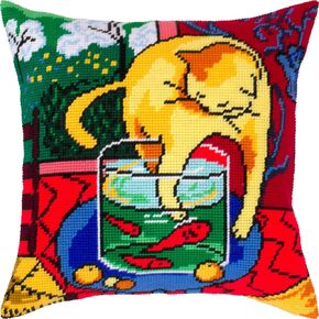 Artistic Stamped Cross-Stitch Kit for Adults and Beginners — Red Fish by Henri Matisse 16″ × 16″ with Clear, Precise Printed Design on Cotton Canvas; Includes 2 Needles, Yarn, and Easy-Read Chart