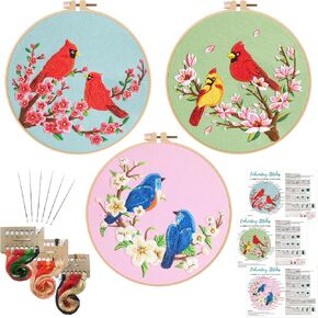 Nuberlic 3 Pack Embroidery Kit for Beginner Adults, Cross Stitch Set with Cute Bee Patterns, Includes Cloth, Hoops, Threads, Needles, Instructions