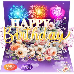 Birthday Card, Flower Fireworks Pop Up Happy Birthday Card with Lights Music, Gifts for Women Men Husband Wife Kids