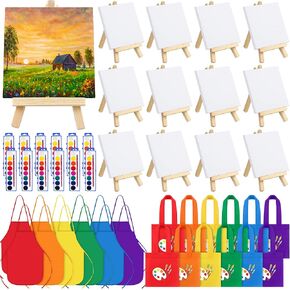 ADXCO 12 Watercolor Paint Set, 48 Pieces Mini Paint Set with 8 Colors Watercolor Paints, Mini Wood Easels, Canvas Bags, Aprons, Art Beginner Supplies