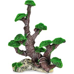Aquarium Bonsai Tree, Artificial Aquarium Tree with Faux Moss, Reptile Decorations for Terrarium, Resin Fish Tank Rocks Simulation, Leopard Gecko Hideaway Accessories, 11" Height