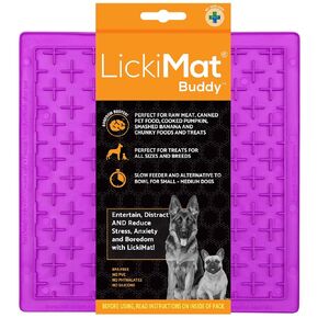 Lickimat Classic Buddy Slow Leeder للكلاب لعق حصيرة ملل المخفض القلق مثالية للغذاء يعالج الزبادي السائل زبدة الفول السوداني البديل لوعاء الكلب البطيء الأرجواني والأرجواني