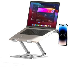 Adjustable Laptop Stand with Magnetic Phone Holder for Desk, Ergonomic Foldable Laptop Riser with 360° Rotating Base, Compatible with MacBook Pro, Fits 10-16 Inch Notebook