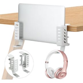 FEIKU No Drill Desk Side Laptop Mount,Hanging Laptop Holder for Office and Home，Clamp on Desk Side Storage Organizer for Laptops/MacBook/Book/Keyboards/Headphone/Gamepad/Backpack White