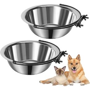 2Pcs 6.5×2.3'' Dog Bowls Crate Water Bowl Kennel Hanging Cage Food Water Bowl Non-Spill Stainless Steel Metal Mountable Feeder Dish for Puppy Bunny Cats